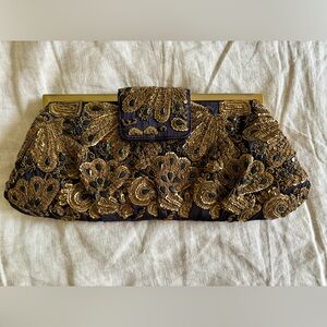 Anthropologie Black and Gold Embroidered Clutch Evening Bag